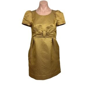 See By Chloe Vtg 90s y2k Gold Jacquard Bow Puff Sleeve Mini Dress Size 4